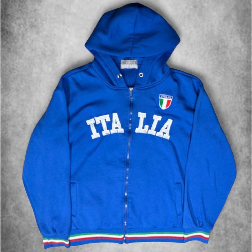Big Luck Italy Blue Zip Up Hoodie Italia Flag Patch Sporty Streetwear Large